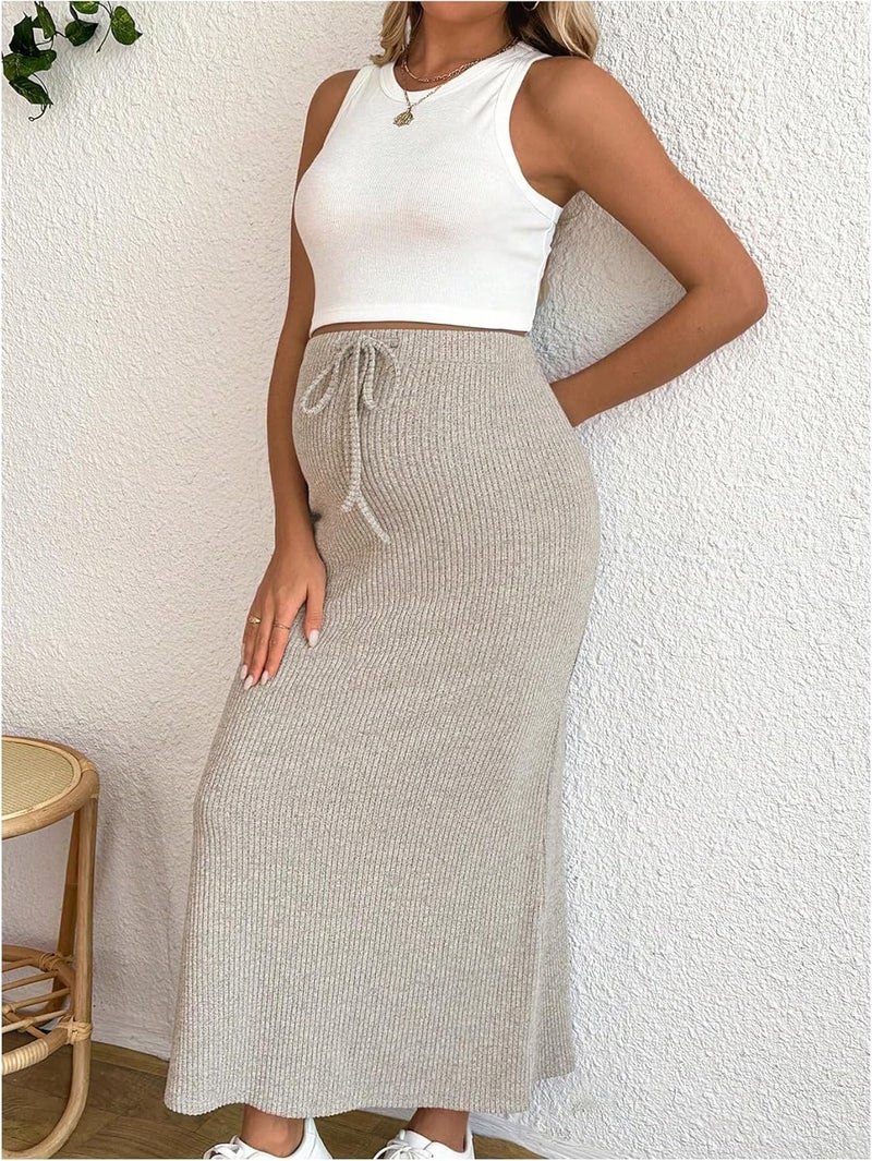 MakeMeChic Women's Maternity 2 Piece Sets Crew Neck Sleeveless Crop Tank Tops and Midi Skirts Maternity Set - Image 4